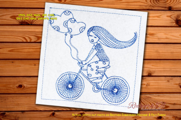 Girl Riding Bicycle in Love Redwork