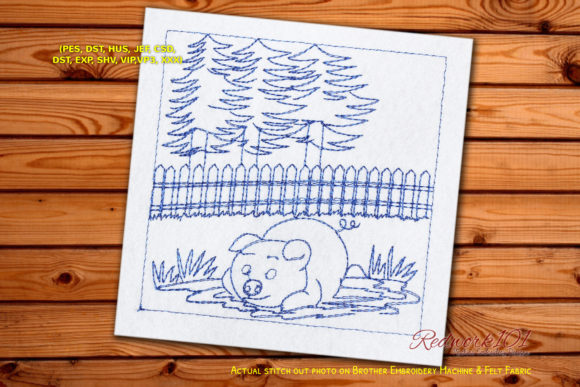 Sad Pig Lying on the Ground Redwork